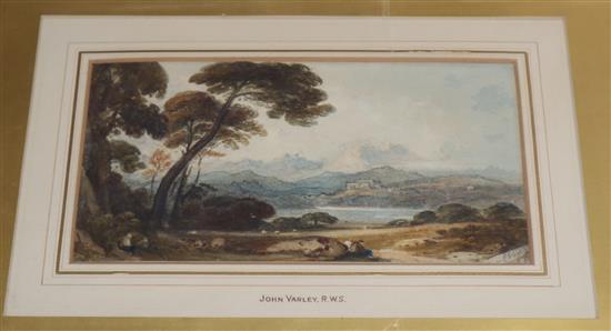 John Varley (1778-1842) watercolour, Landscape with lake and mountains, signed 13 x 23.5cm unframed